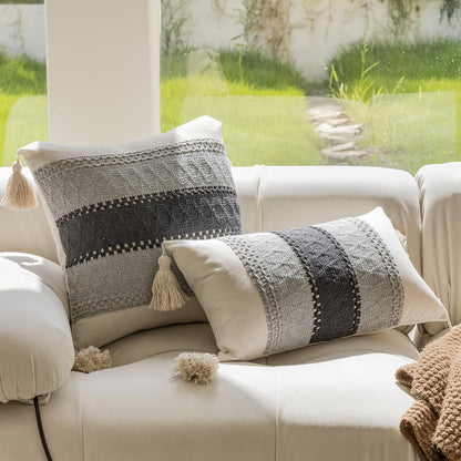 Grey three-stripe pillowcases with tassels
