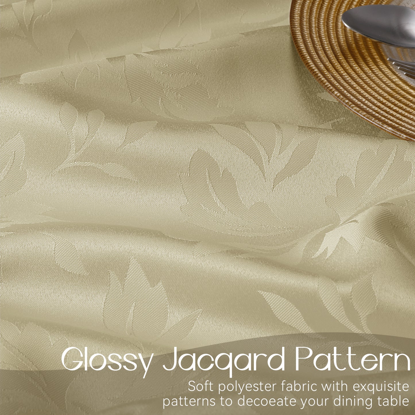 Polyester Jacquard Waterproof Damask Floral Pattern Tablecloth in Champagne