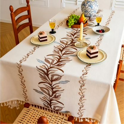 Polyester-Cotton Blend Embroidered Coffee Brown Banana Leaf Tablecloth