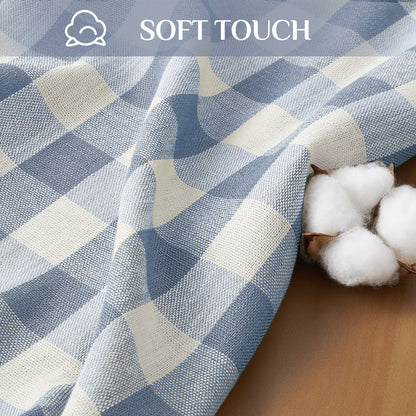 Wrinkle-Resistant Cotton Blend Classic Gingham Tablecloth with Tassels in Blue