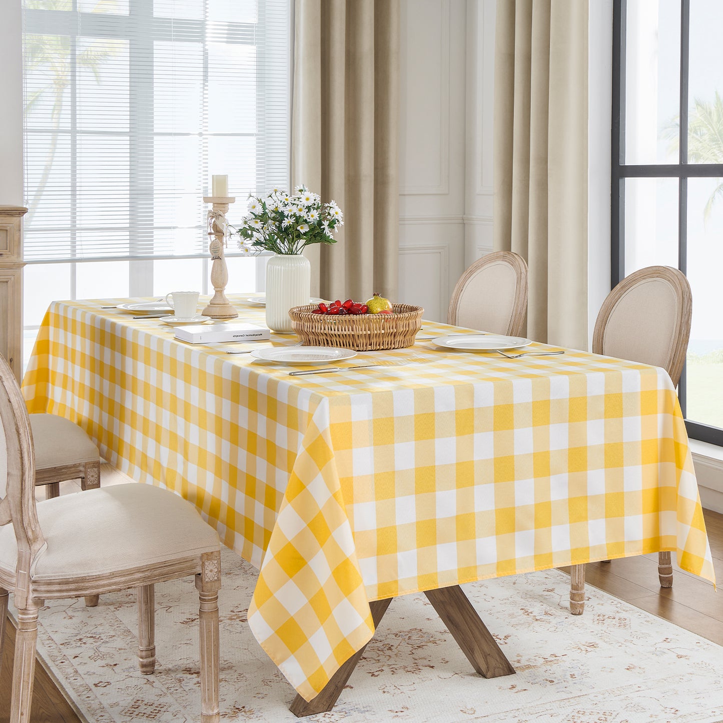 Polyester Waterproof And Stain Resistant Buffalo Check Tablecloth in Yellow and White