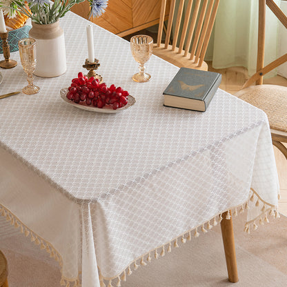 Polyester French-Elegance Lattice Tablecloth with Wheat Tassels in White