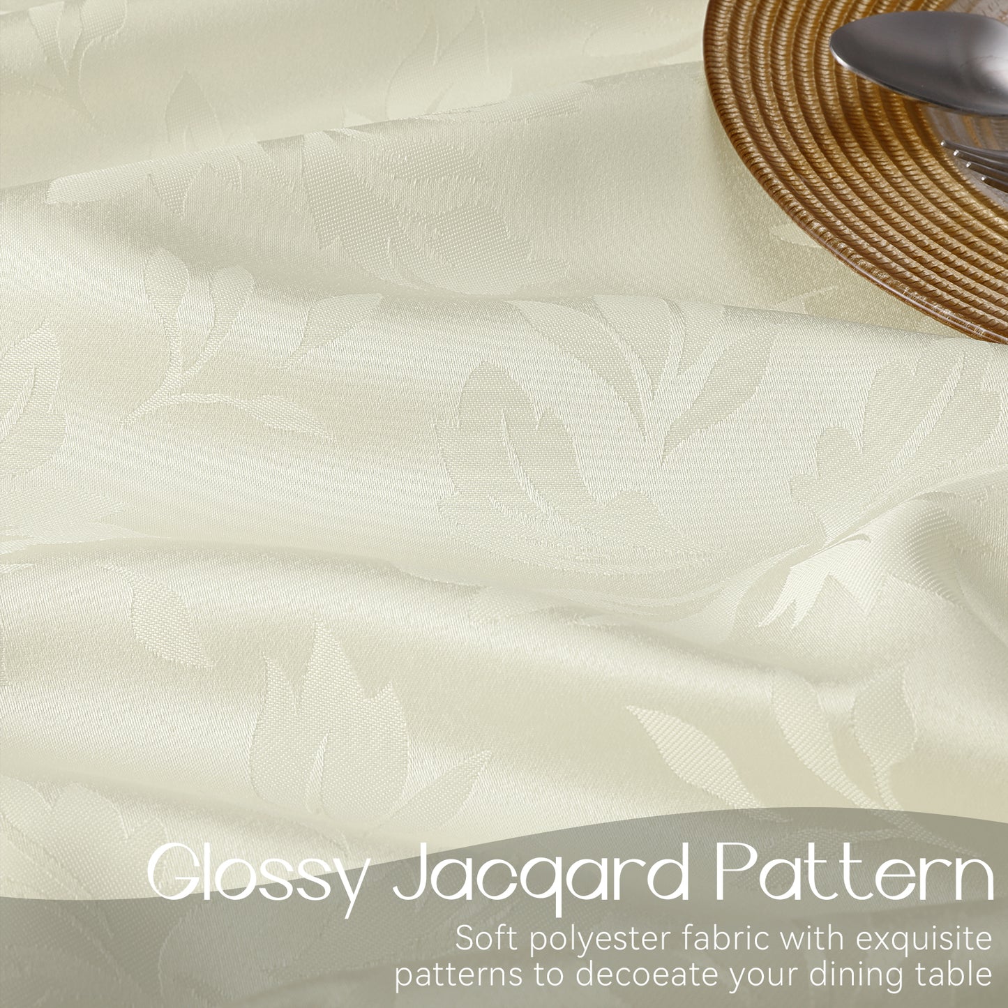 Polyester Jacquard Waterproof Damask Floral Pattern Tablecloth in Ivory