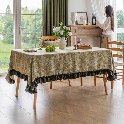 Green-based White-leaf Jacquard Tablecloth with Appliqué Lace Trim