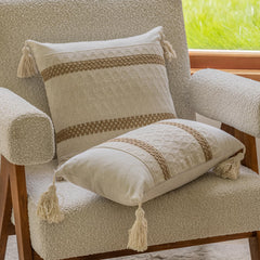 Bohemian neutral double slender-striped pillowcases with tassels