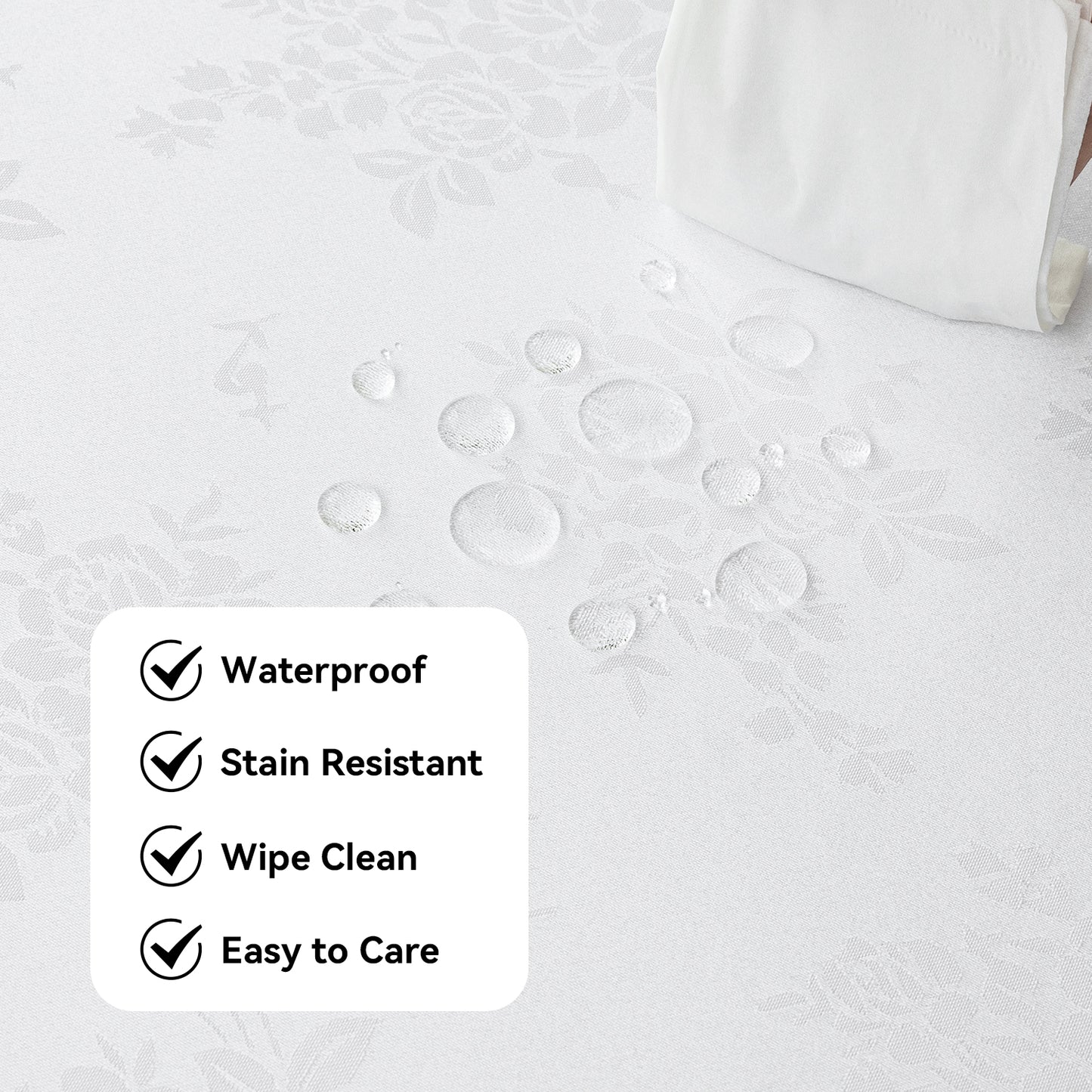 Polyester Jacquard Waterproof Elegant Damask Rose Floral Pattern Tablecloth in White