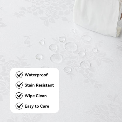 Polyester Jacquard Waterproof Elegant Damask Rose Floral Pattern Tablecloth in White