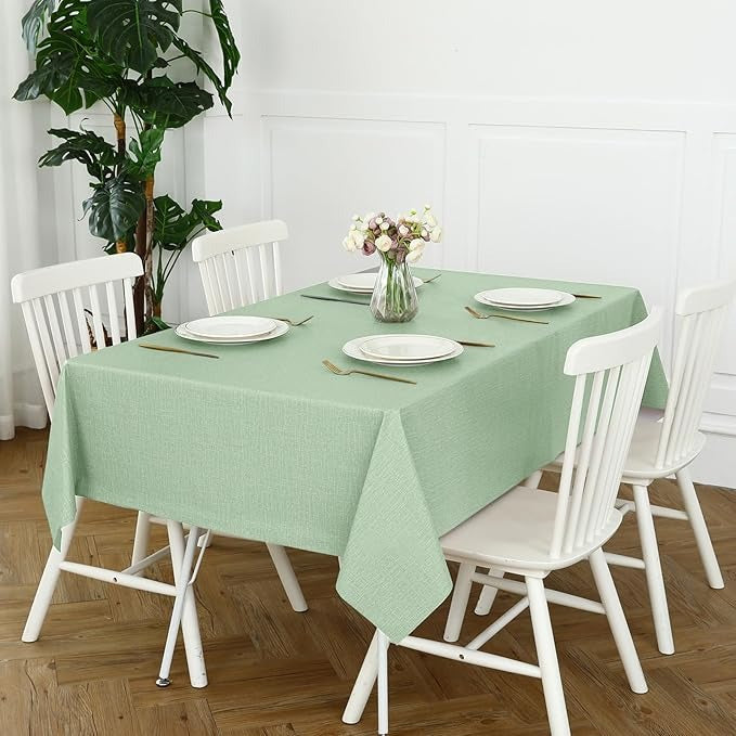 PVC Waterproof Burlap Textured Tablecloth in Light Sage Green