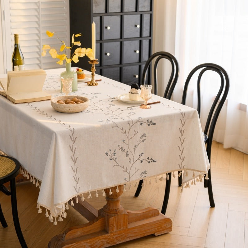 Cotton-Linen Embroidered Grey-blue Floral Tablecloth