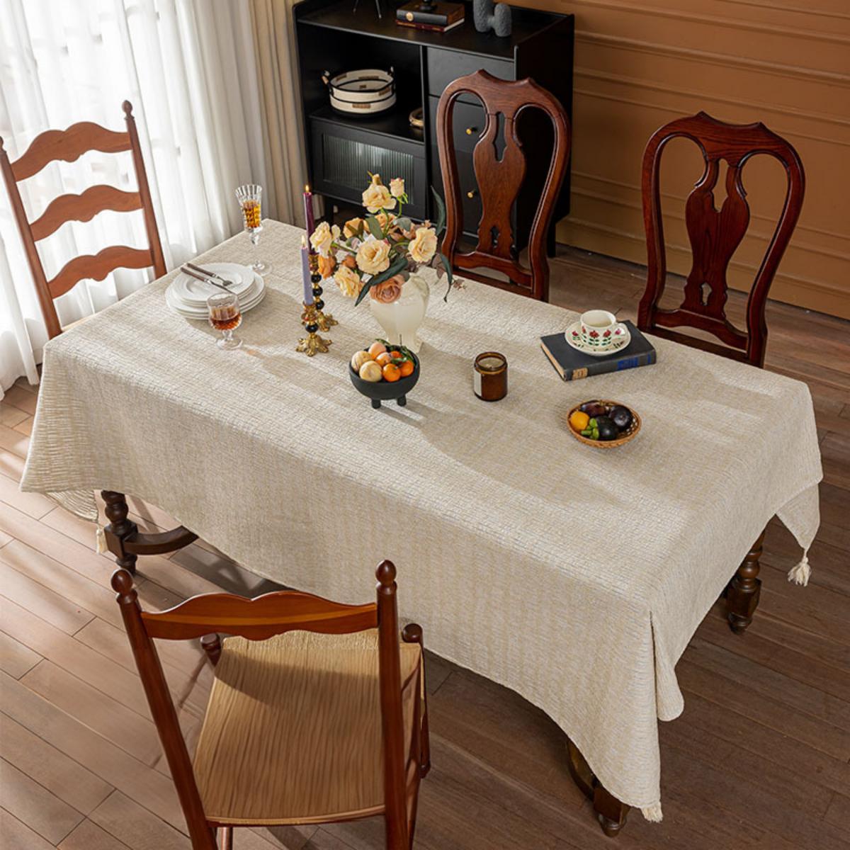 Apricot-coloured Faux Linen Tablecloth with Tassels at Each Corner