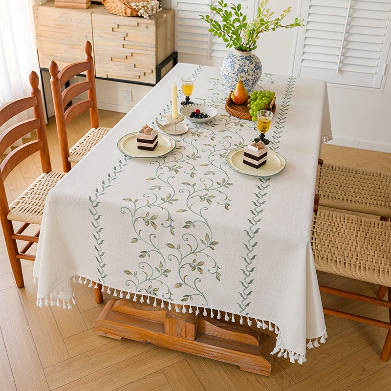 Polyester-Cotton Blend Embroidered Green Mimosa Tablecloth