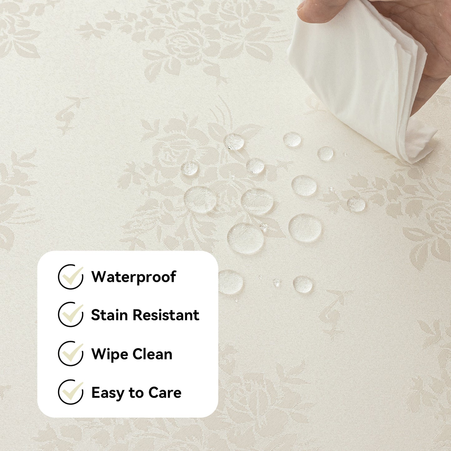 Polyester Jacquard Waterproof Elegant Damask Rose Floral Pattern Tablecloth in Ivory