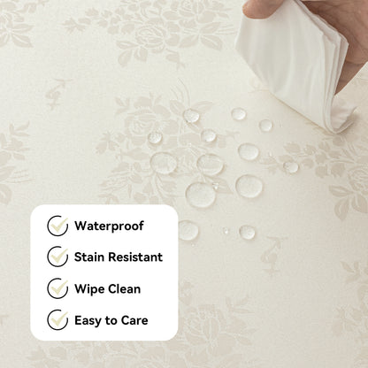 Polyester Jacquard Waterproof Elegant Damask Rose Floral Pattern Tablecloth in Ivory