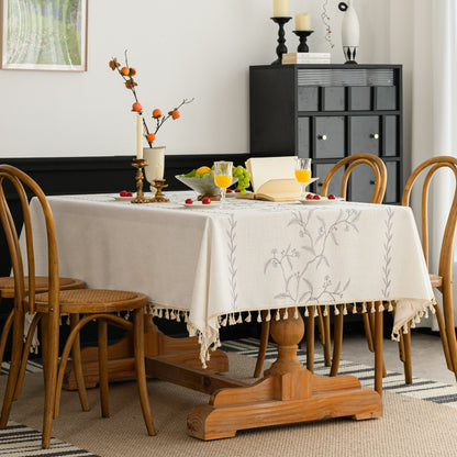 Polyester Embroidered Blue-coloured Fan-shaped Leaf and Floral Tablecloth