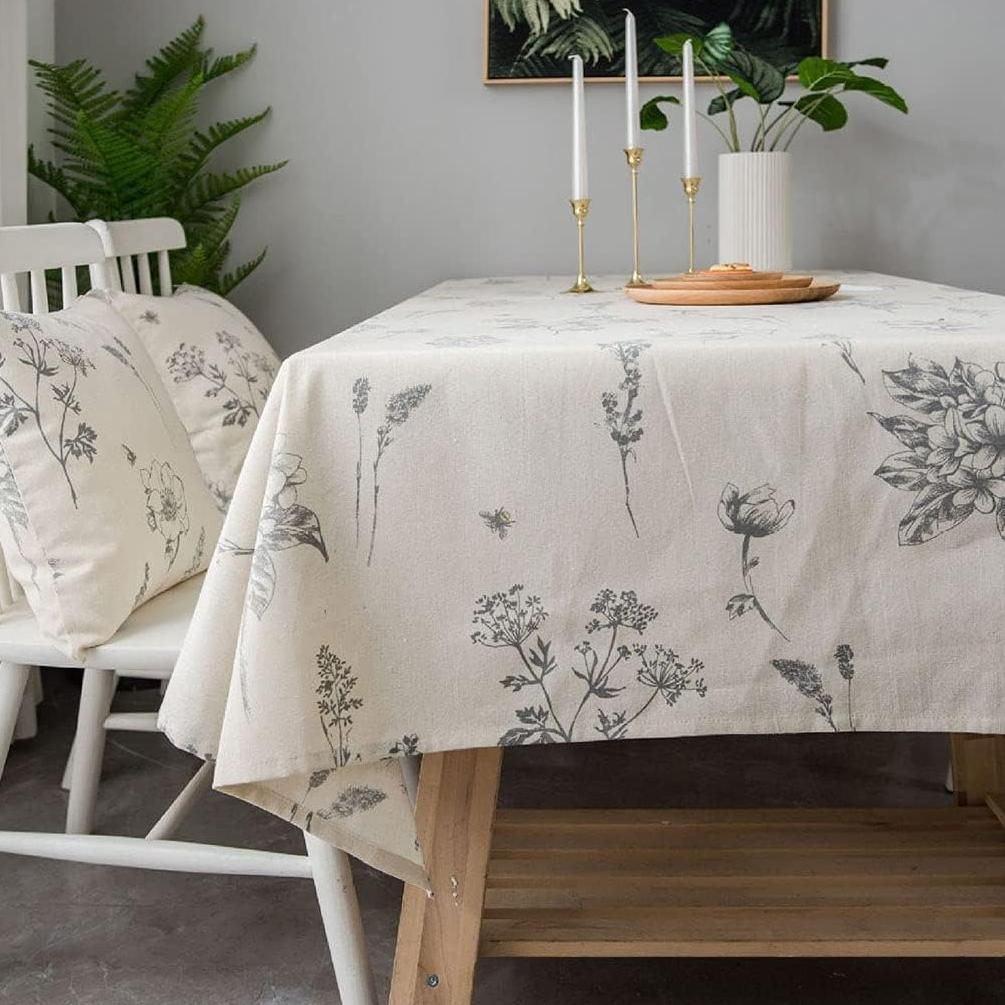 Cotton and linen black rose sketch print tablecloth