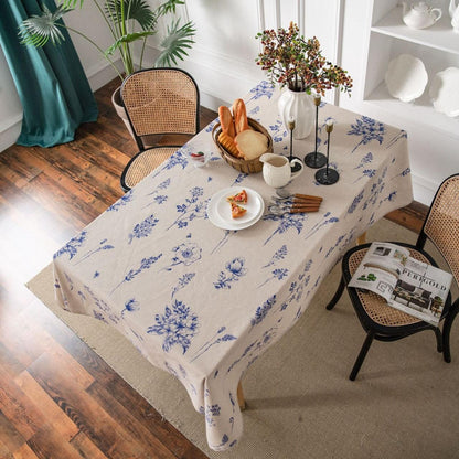 Cotton and linen blue rose sketch print tablecloth