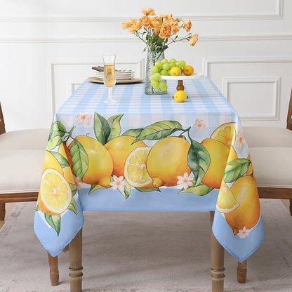 Polyester Lemon-patterned Tablecloth (with Blue background and White checks)
