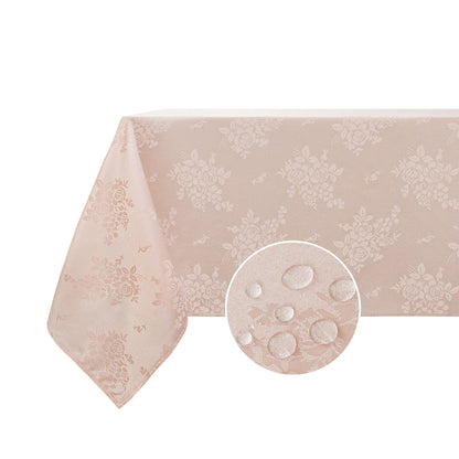 Polyester Jacquard Waterproof Elegant Damask Rose Floral Pattern Tablecloth in Light Pink
