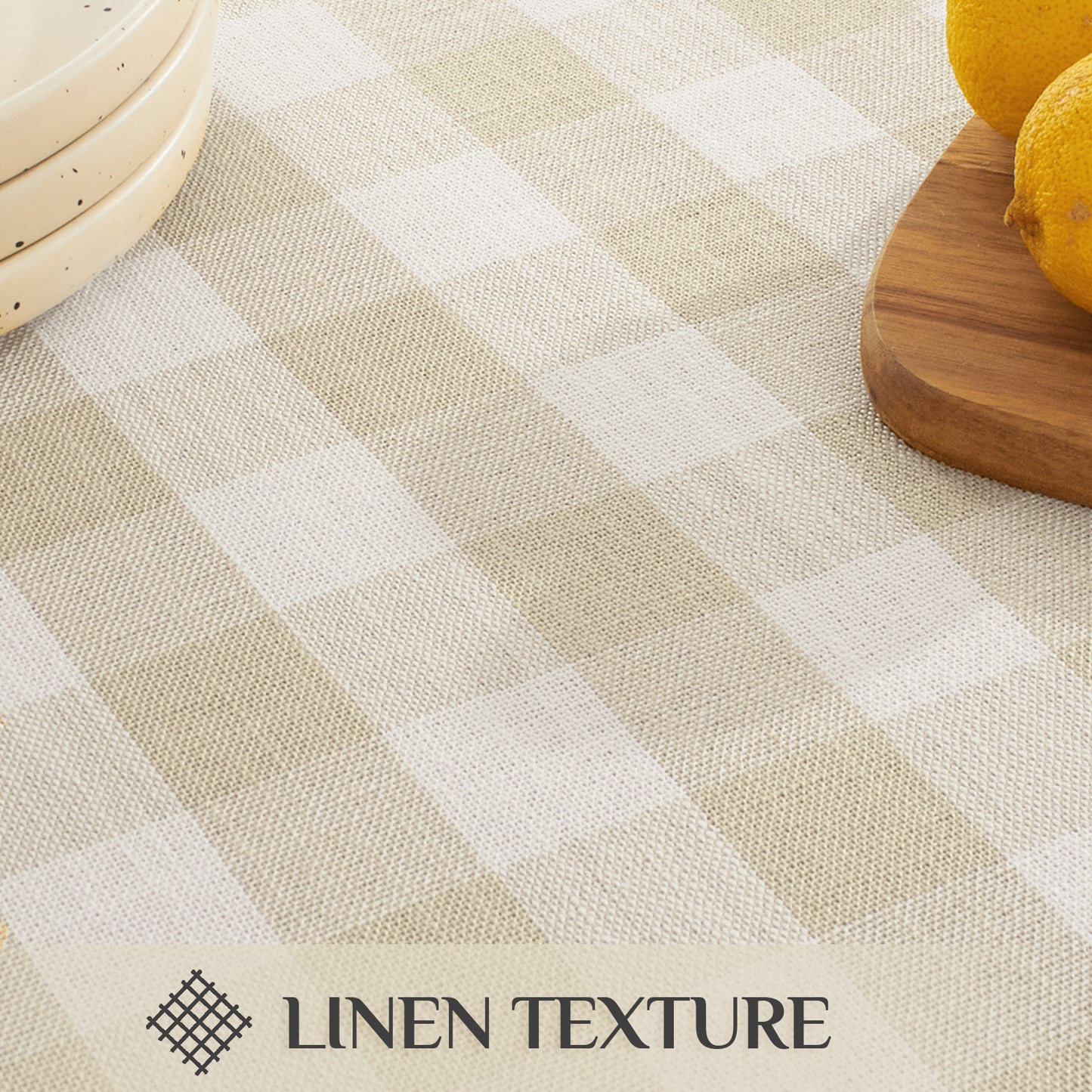 Wrinkle-Resistant Cotton Blend Classic Gingham Tablecloth with Tassels in Beige