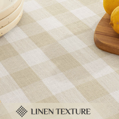Wrinkle-Resistant Cotton Blend Classic Gingham Tablecloth with Tassels in Beige