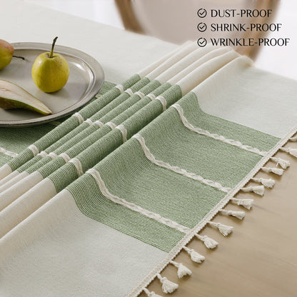 Wrinkle-Resistant and Waterproof Cotton Blend Tassel Tablecloth in Sage Lines