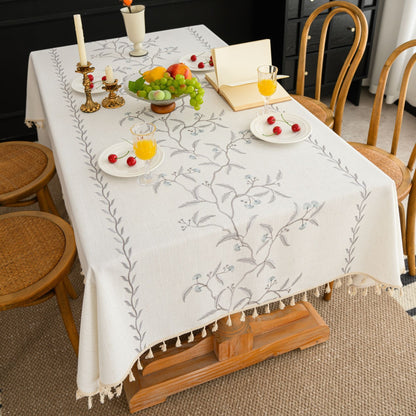 Polyester Embroidered Blue-coloured Fan-shaped Leaf and Floral Tablecloth