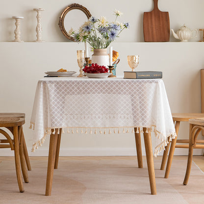 Polyester French-Elegance Lattice Tablecloth with Wheat Tassels in White