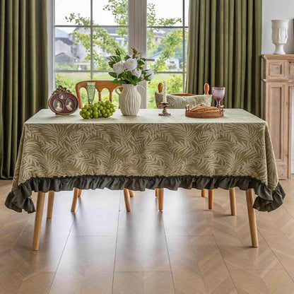 Green-based White-leaf Jacquard Tablecloth with Appliqué Lace Trim
