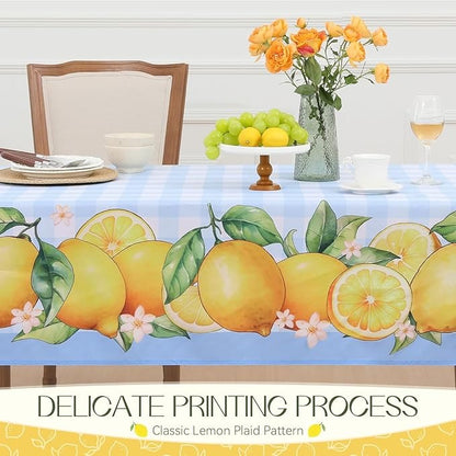 Polyester Lemon-patterned Tablecloth (with Blue background and White checks)