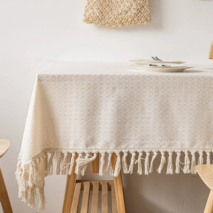 Cotton-linen tablecloth with tassels in Beige