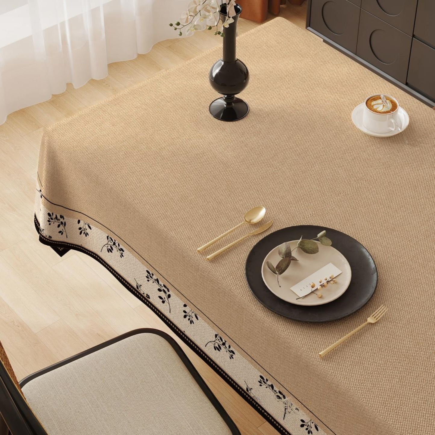 Polyester French Vintage Brown and White Contrast Tablecloth