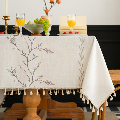 Cotton-Linen Embroidered Grey-beige Floral Tablecloth