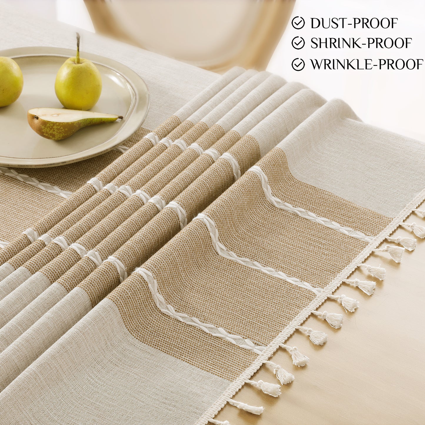 Wrinkle-Resistant and Waterproof Cotton Blend Tassel Tablecloth in Coffee Lines
