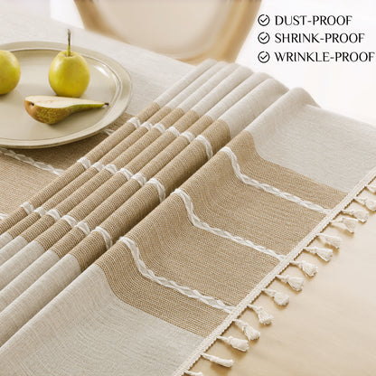 Wrinkle-Resistant and Waterproof Cotton Blend Tassel Tablecloth in Coffee Lines