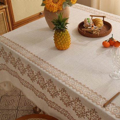 Polyester linen geometric side embroidered tablecloth