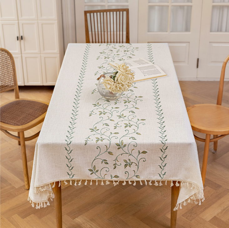 Polyester-Cotton Blend Embroidered Green Mimosa Tablecloth