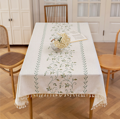 Polyester-Cotton Blend Embroidered Green Mimosa Tablecloth