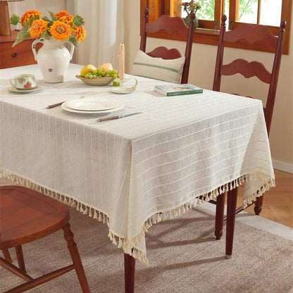 Polyester linen blend horizontal stripe tassel tablecloth