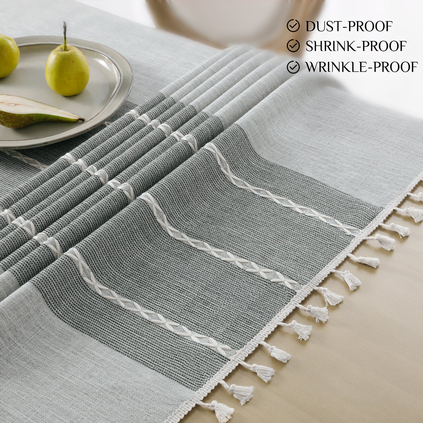 Wrinkle-Resistant and Waterproof Cotton Blend Tassel Tablecloth in Grey Lines