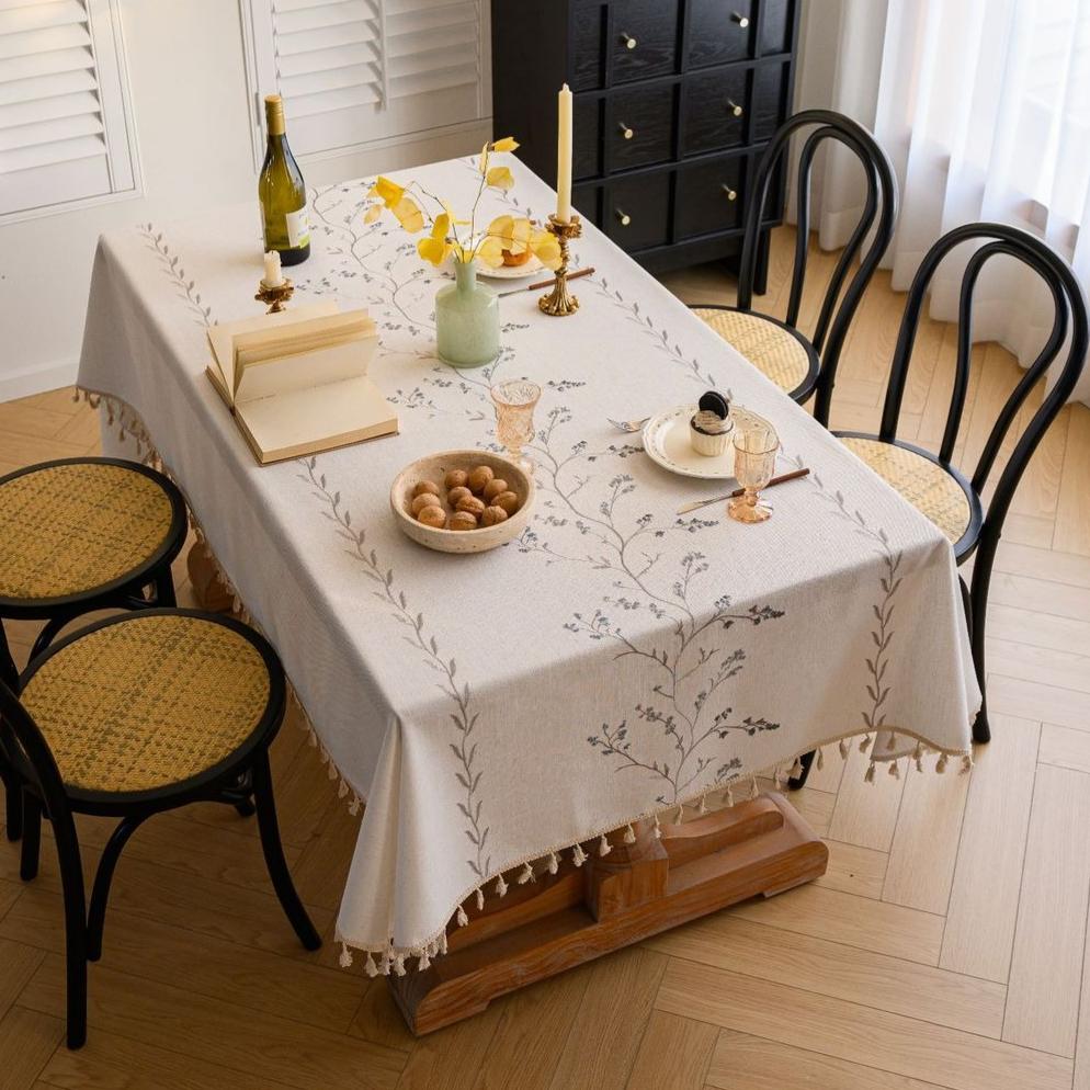 Cotton-Linen Embroidered Grey-blue Floral Tablecloth