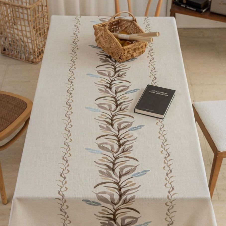 Polyester-Cotton Blend Embroidered Coffee Brown Banana Leaf Tablecloth