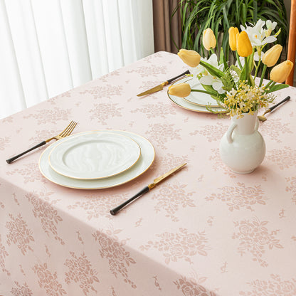 Polyester Jacquard Waterproof Elegant Damask Rose Floral Pattern Tablecloth in Light Pink