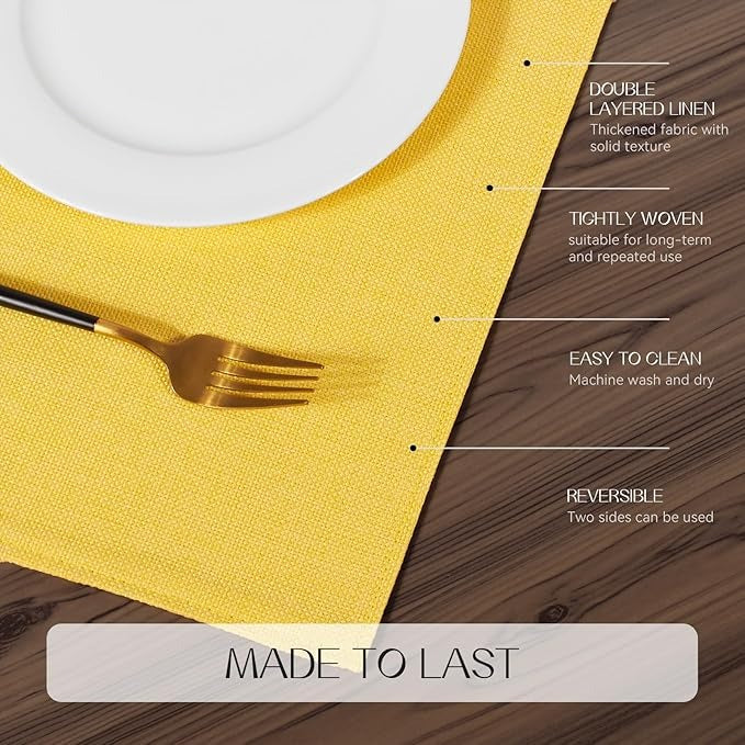 Polyester Burlap Waterproof Oil Resistant Wipeable Heat Resistant Placemats Set in Yellow