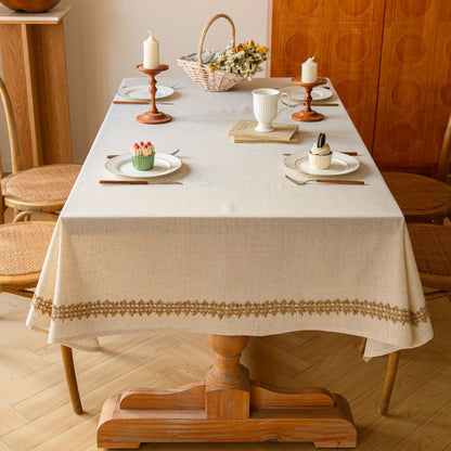 White Polyester Linen Tablecloth with Brown Crisscross Lace