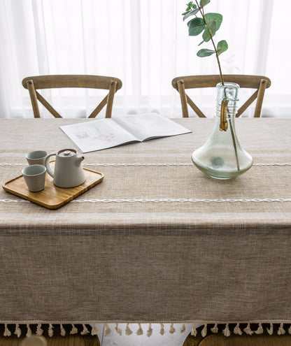 Cotton-Linen Blend Asymmetric Double Embroidery Striped Tablecloth in Coffee Brown