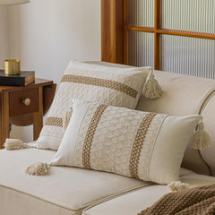 Bohemian neutral double slender-striped pillowcases with tassels