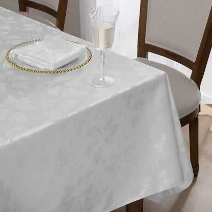 Polyester Jacquard Waterproof Damask Floral Pattern Tablecloth in White