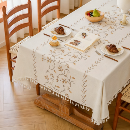 Polyester-Cotton Blend Embroidered Yellow Mimosa Tablecloth