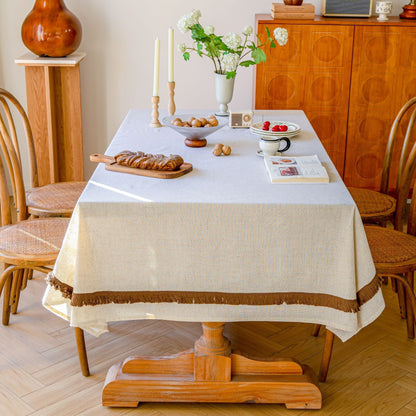 White Polyester Linen Tablecloth with Brown Tassel Lace