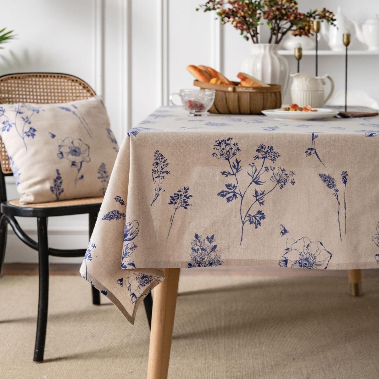 Cotton and linen blue rose sketch print tablecloth